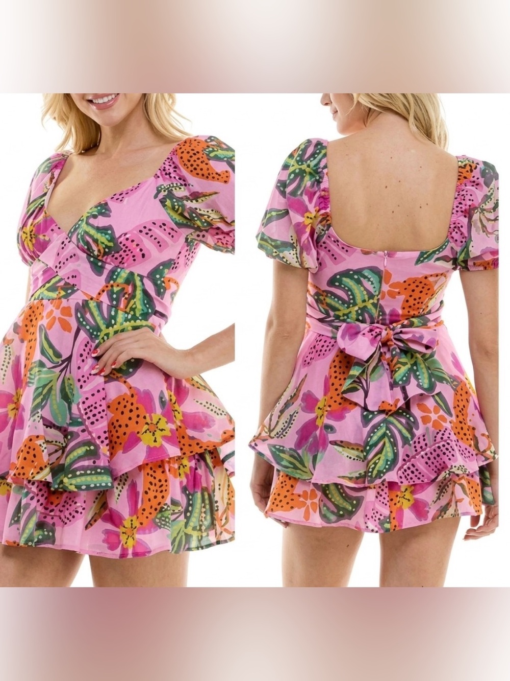 Crystal Sky Jungle Floral Tie-Back Pink Mini Dress with Puff Sleeves - Small
